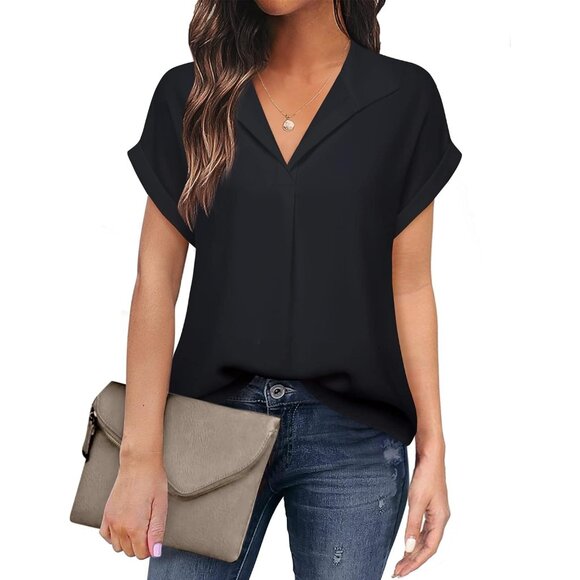 Women's Black Short Sleeve Blouses V Neck Design Business Attire Collared Shirts - Picture 1 of 6